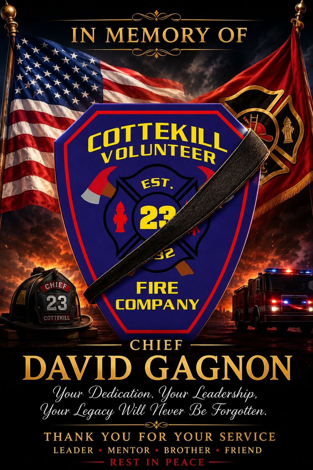 # Emergency Services Community Mourns the Line-of-Duty Death of Chief David Gagnon The Hudson Valley emergency services community is mourning the heartbreaking loss of Chief David Gagnon of the Cottekill Volunteer Fire Company, who tragically died in the line of duty. His passing has sent shockwaves through local fire departments, first responders, and the many community members whose lives he touched through years of dedicated service. Among those expressing their grief is the High Falls Fire Department, which shared a heartfelt message of condolence to Chief Gagnon's family, friends, and fellow firefighters. The department described his death as a profound loss that will be felt throughout the community and across the broader emergency services family. Chief Gagnon was widely respected not only for his leadership but also for his commitment to protecting others. Fellow firefighters remember him as a dedicated public servant who answered the call whenever help was needed, placing the safety and well-being of his community above all else. His willingness to serve and support those around him earned him the admiration of colleagues and residents alike. The bond between the High Falls Fire Department and the Cottekill Volunteer Fire Company spans many years and is rooted in a long history of mutual aid, cooperation, and shared commitment to public safety. Because of that close relationship, Chief Gagnon's loss is being felt especially deeply among firefighters who worked alongside him during emergencies, training exercises, and community events. As news of his passing spread, tributes began pouring in from neighboring departments and community members, all reflecting on his dedication, professionalism, and unwavering sense of duty. Many have described him as a mentor, a leader, and a friend whose influence extended far beyond the fire service. While the pain of his loss is immense, those who knew Chief Gagnon are committed to honoring his memory by continuing the work he loved and the values he represented. His legacy of service, courage, and commitment to community will endure for years to come. Chief David Gagnon's sacrifice will never be forgotten, and his memory will remain forever in the hearts of his fellow firefighters and the community he faithfully served.